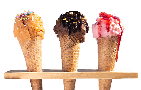 3 cones of ice cream in salted caramel, choclate and strawberry flavour